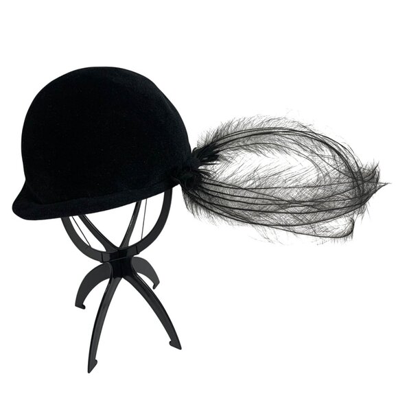 VTG Ranel Black Cloche Glory Imported Velour Hat w/ Feather Accent Chin Strap OS - Picture 2 of 8